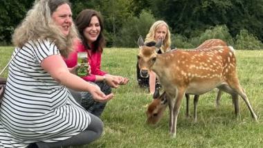 Svenja Hahn und Katrin Münch beim Füttern eines Sika-Hirsches